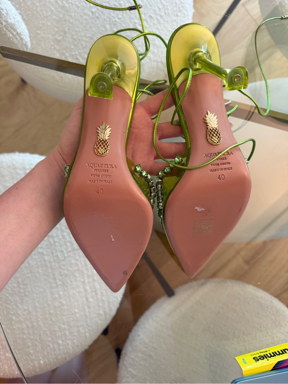 AQUAZZURA Lime Galaxy 95 pumps Crystal-Embellished Pointed Toe Heels